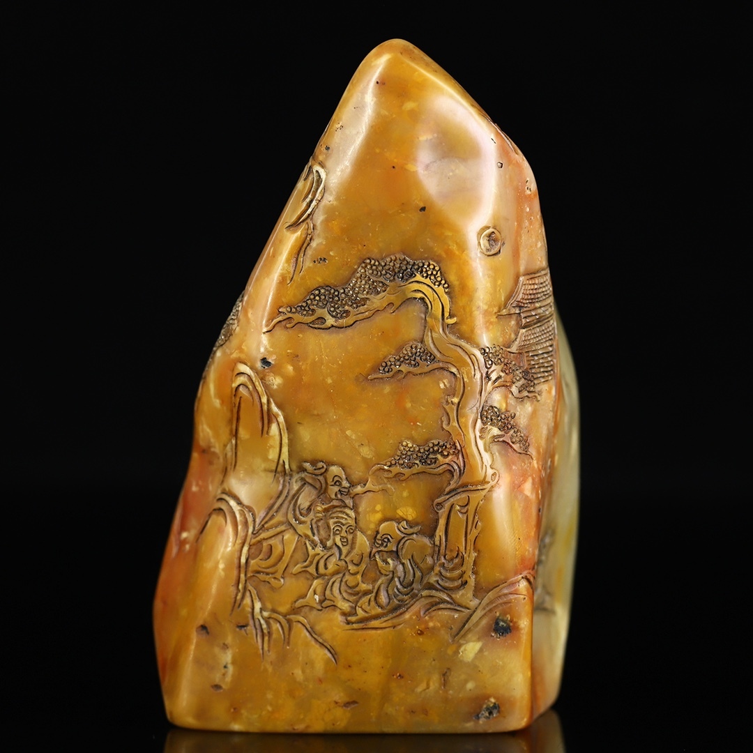 唐物 清 寿山石 彫刻 山水人物紋 薄意印鑑 天然石 手彫 篆刻 古印材 中国美術品 時代物 D63拍卖