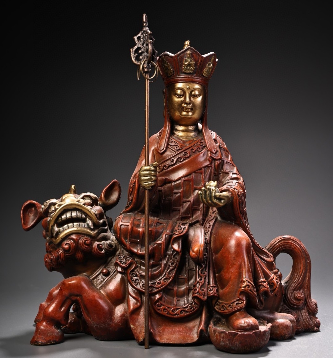 唐物 清代 純銅 赤銅 高浮彫 鏨刻技術 塗金塗銀 座諦聴地蔵王 仏像一尊 美術品 時代物 D63拍卖