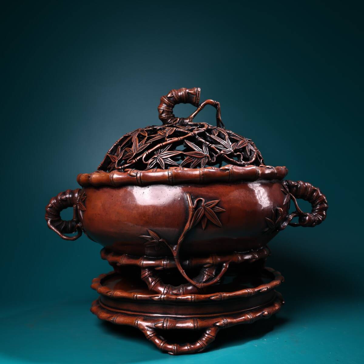 唐物 清代 純銅 純手工 高浮彫鏨刻 ステップ高升 竹子 熏香炉 中国美術品 時代物 D63拍卖