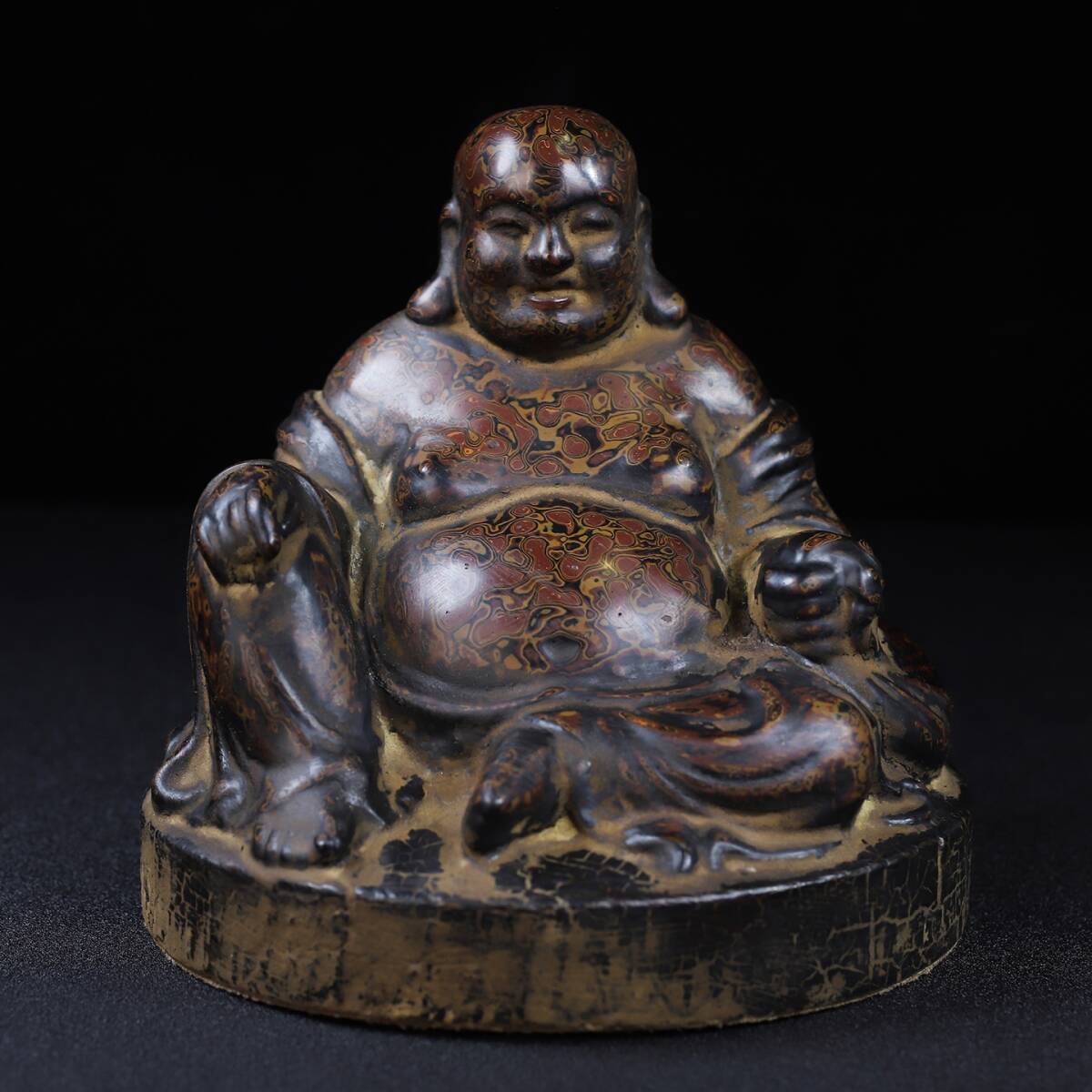 唐物 清代 木胎犀皮漆 坐布袋彌勒仏 置物 中国美術品 時代物 D63拍卖