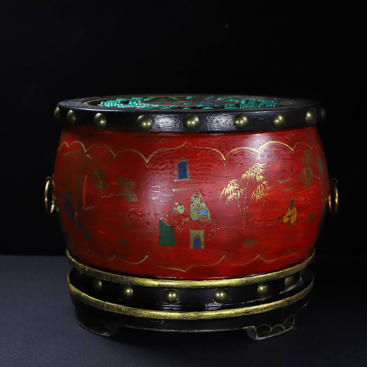 唐物 清代 木胎漆器 彩繪 龍鳳呈祥 圓鼓 算盤 置物 中国美術品 時代物 D63拍卖