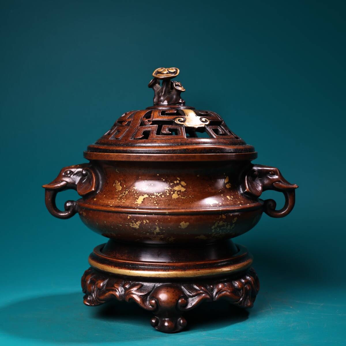 唐物 清 紫銅 純銅 全銅 高浮彫 鏨刻 塗金 燻香炉 香道具 銅製品 中国美術品 時代物 D63拍卖