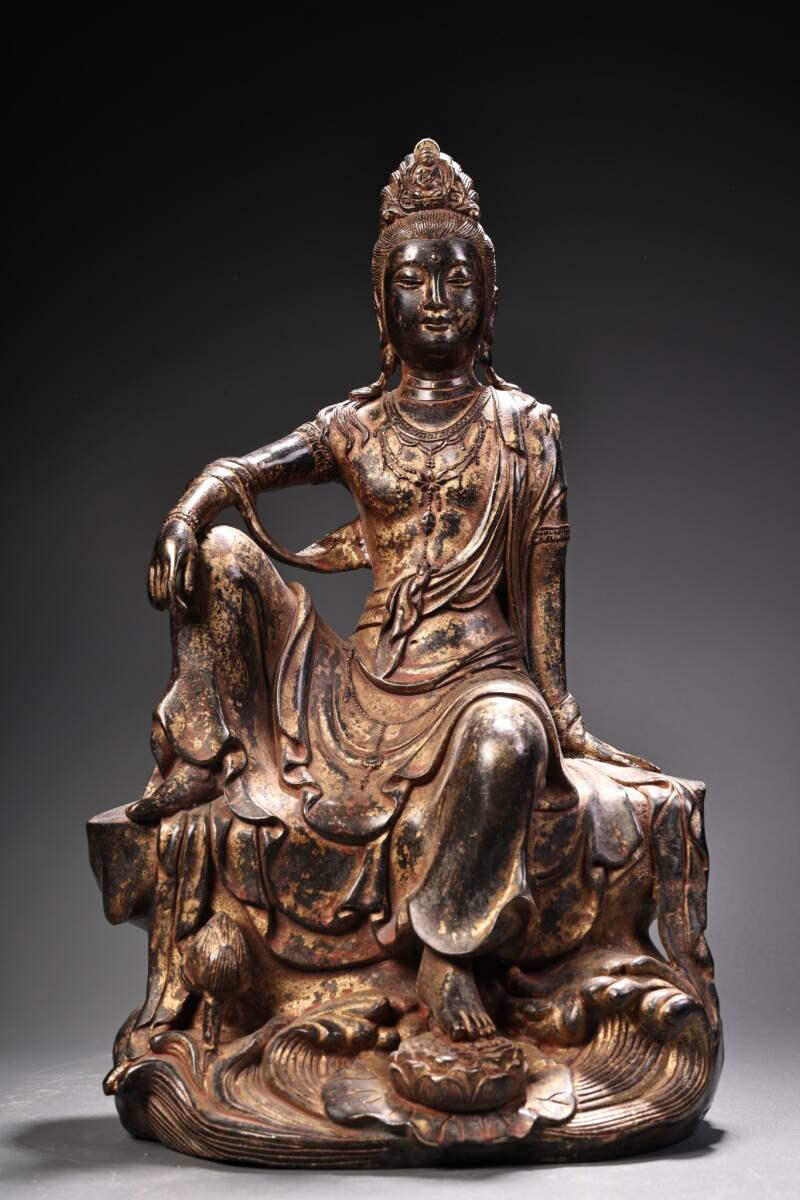唐物 清代 純銅 全銅 泥金 自在観音 仏像1体 中国美術品 時代物 D63拍卖