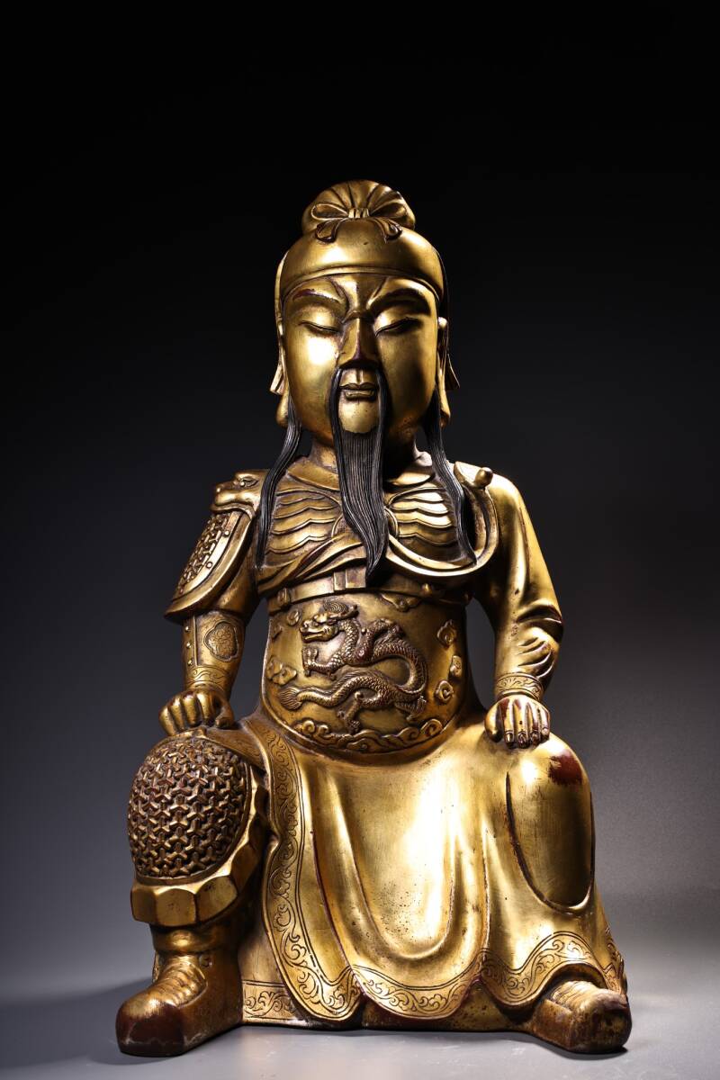 唐物 清代 紫銅 塗金 座関公仏像1体 高レリーフ技術 美術品 時代物 D63拍卖