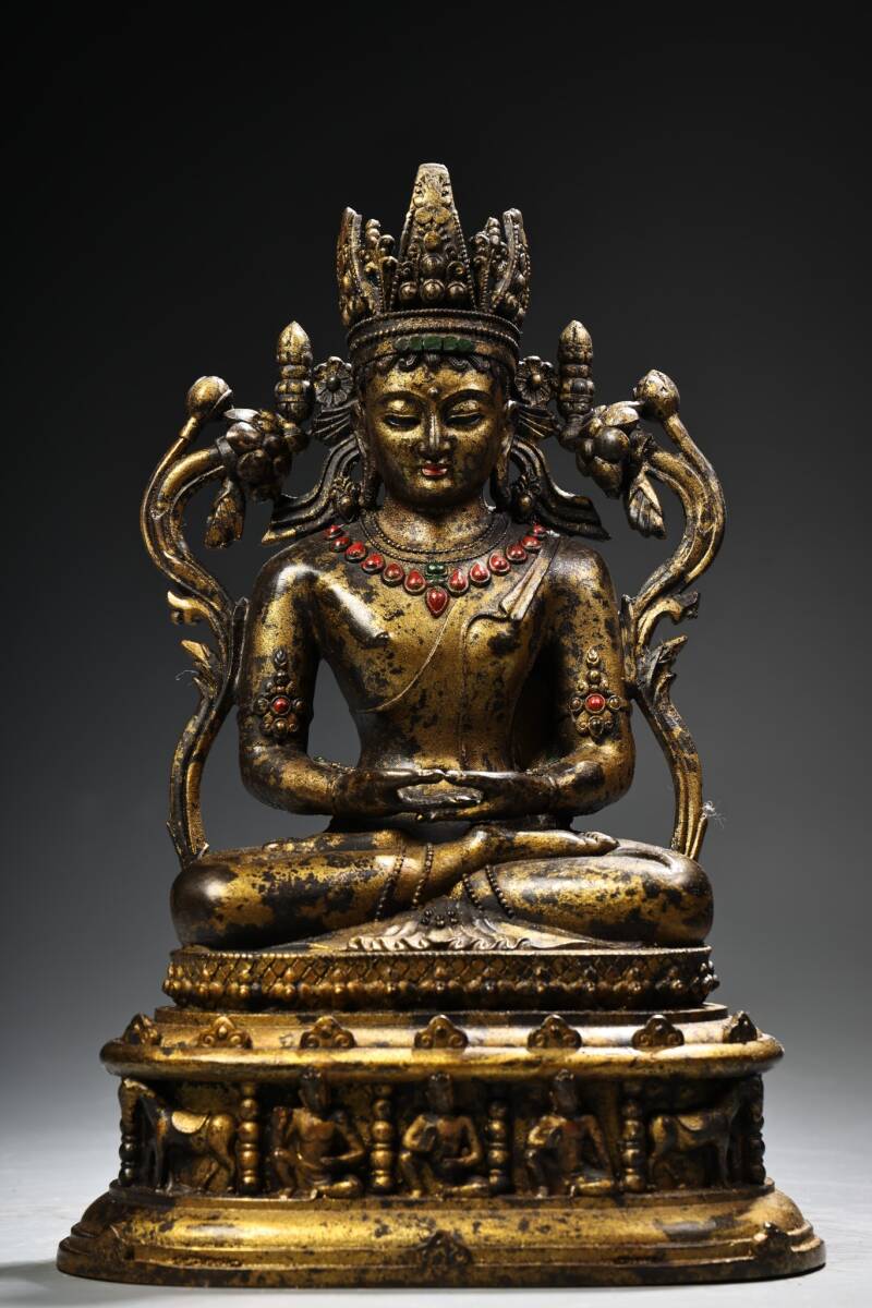 唐物 清 純銅 全銅 高浮彫 鏨刻 泥金 五方仏 弥勒仏 仏像1体 銅製品 供養品 中国美術品 時代物 D63拍卖