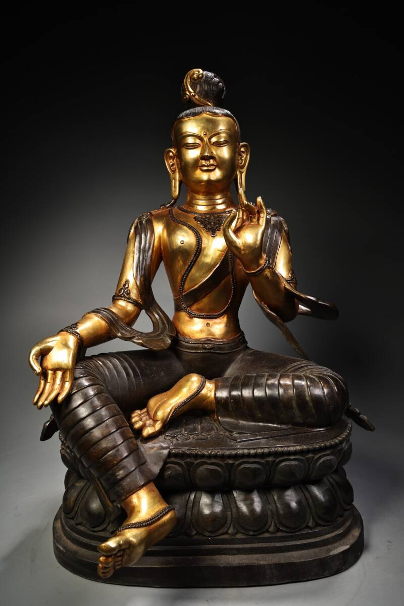 唐物 清 純銅 全銅 高浮彫 鏨刻 塗金 緑度母 仏像1体 銅製品 供養品 中国美術品 時代物 D63拍卖