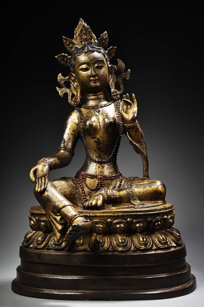 唐物 清 純銅 全銅 高浮彫 鏨刻 泥金 緑度母 仏像1体 供養品 銅製品 中国美術品 時代物 D63拍卖