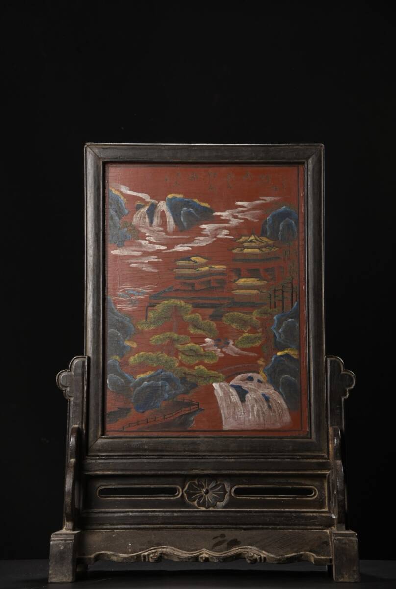唐物 大清 老木胎 彫漆填彩題詩 插屏 中国美術品 時代物 D63拍卖