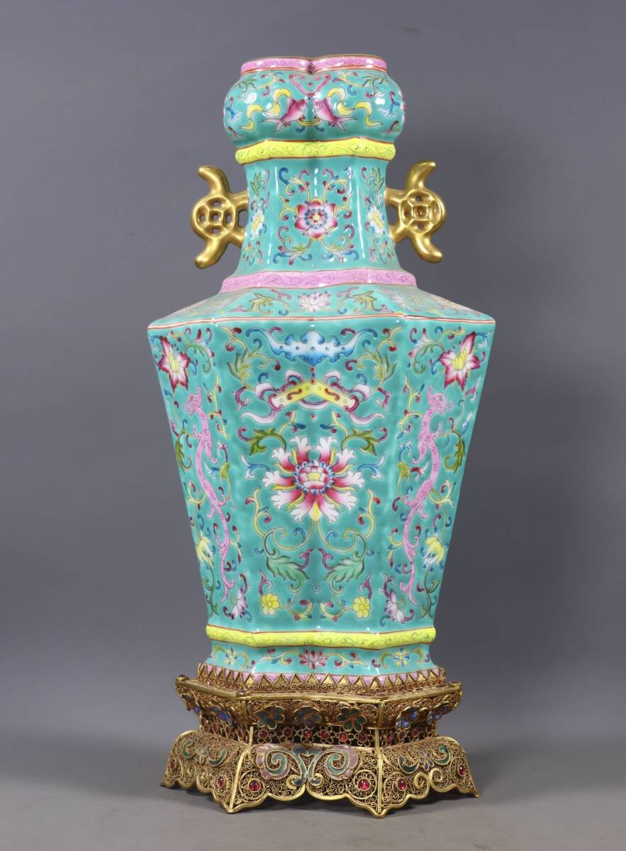 唐物 清 純手工打造 花絲塗金モザイク エナメル彩 雙耳瓶 陶芸 古陶磁器 中国美術品 時代物 D63拍卖