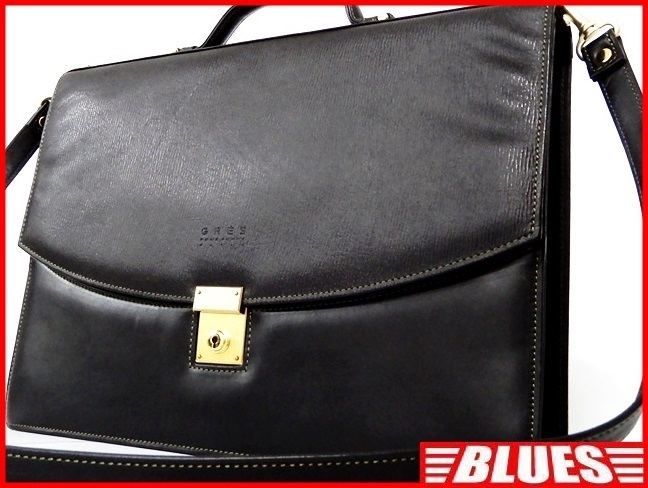 即決★GRES★オールレザービジネスバッグ グレス メンズ 黒 ブラック 本革 ショルダー 本皮 2way 鍵付き かばん 出張カバン 鞄拍卖