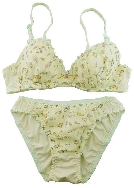 SI6501-2◇ 新品 ブラジャー ショーツ 2点セット プリント柄 フリルレース付 カップ前センターリボン付 A75L クリームイエロー 送料 350円拍卖