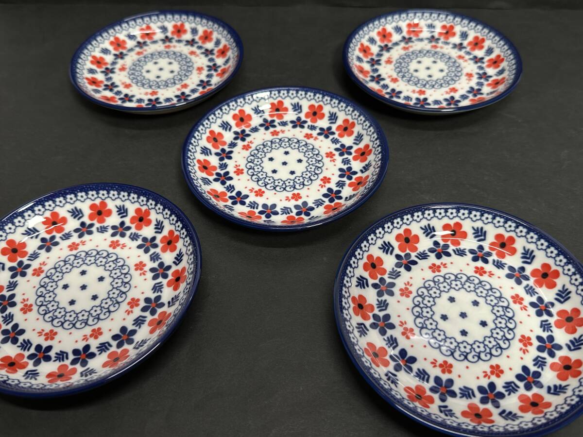 ★新品!! 未使用 ポーリッシュポタリー風 花柄付き 小皿 5枚セット ブルー×レッド 洋食器 お洒落 インテリア 雑貨 皿 フラワー A30拍卖