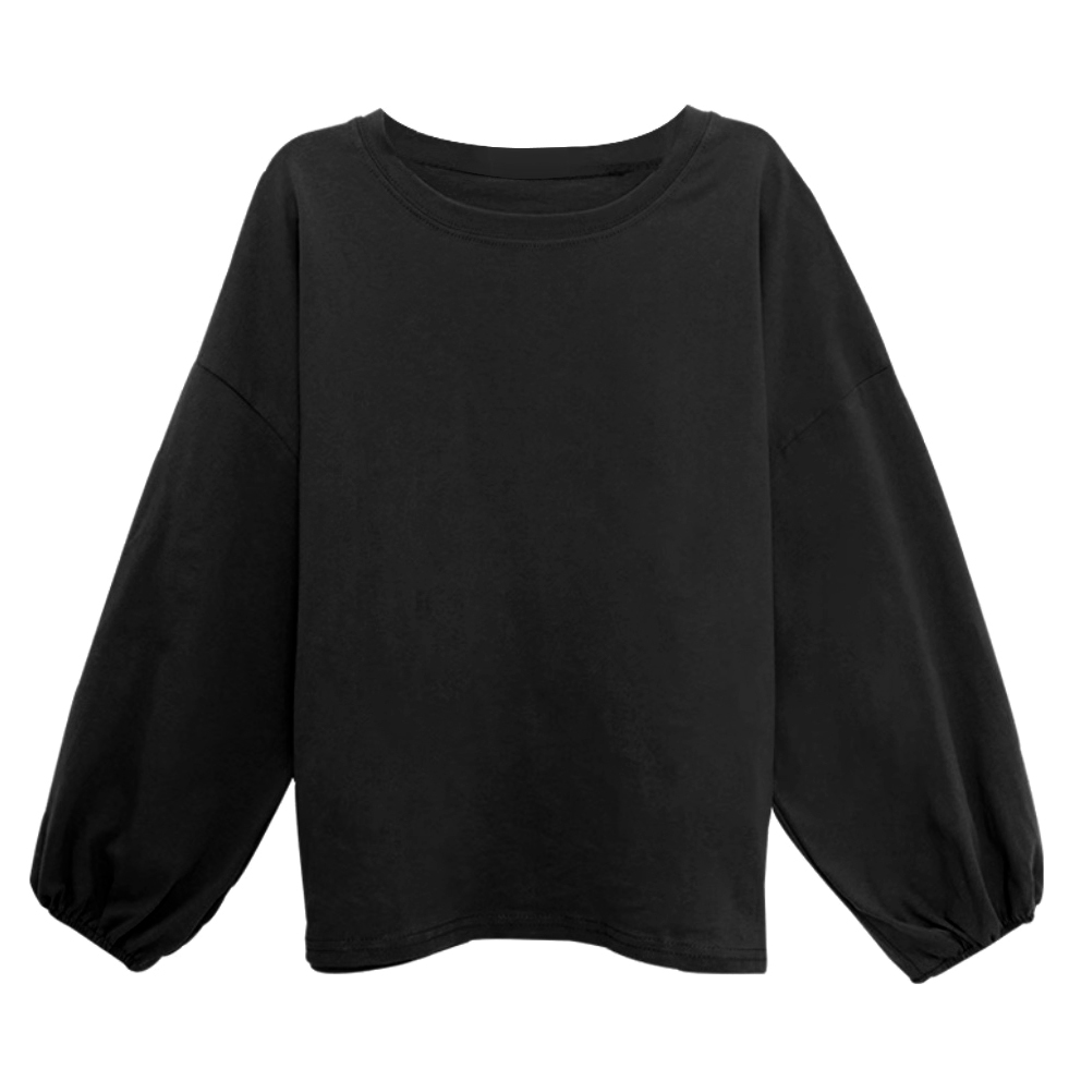 新品 丸首長袖ブラウス Tシャツ ボリュームスリーブ 無地 黒 薄地 春夏 free175拍卖