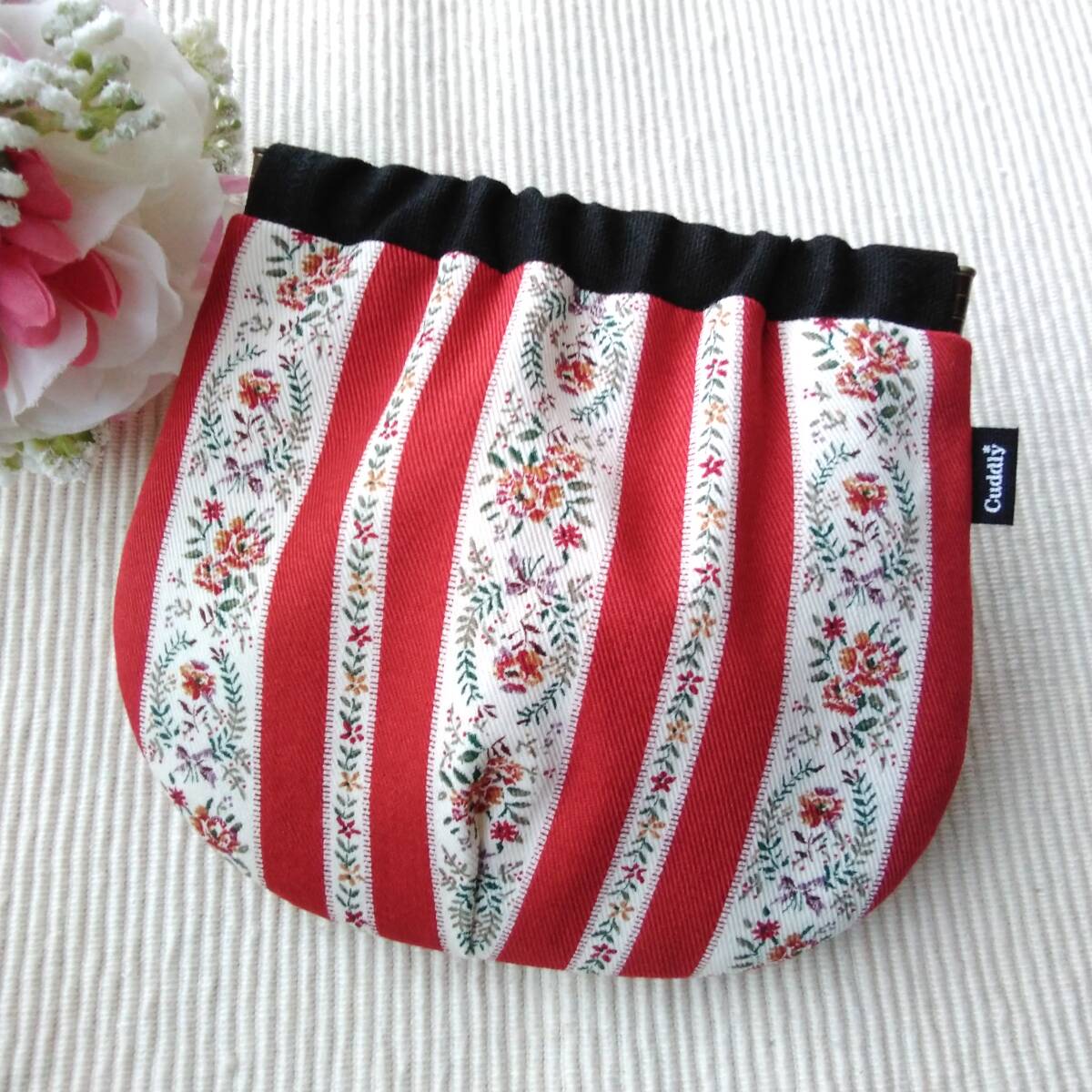 ハンドメイド バネポーチ チロリアンストライプ レッド拍卖