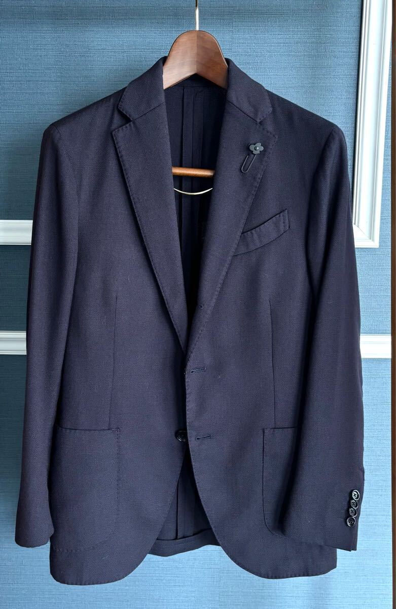 ラルディーニ(Lardini) ジャケット、3つボタン段返り、ウールホップサック、ネイビー、サイズ46、袖口は開き見せ、春夏アイテム、本物拍卖