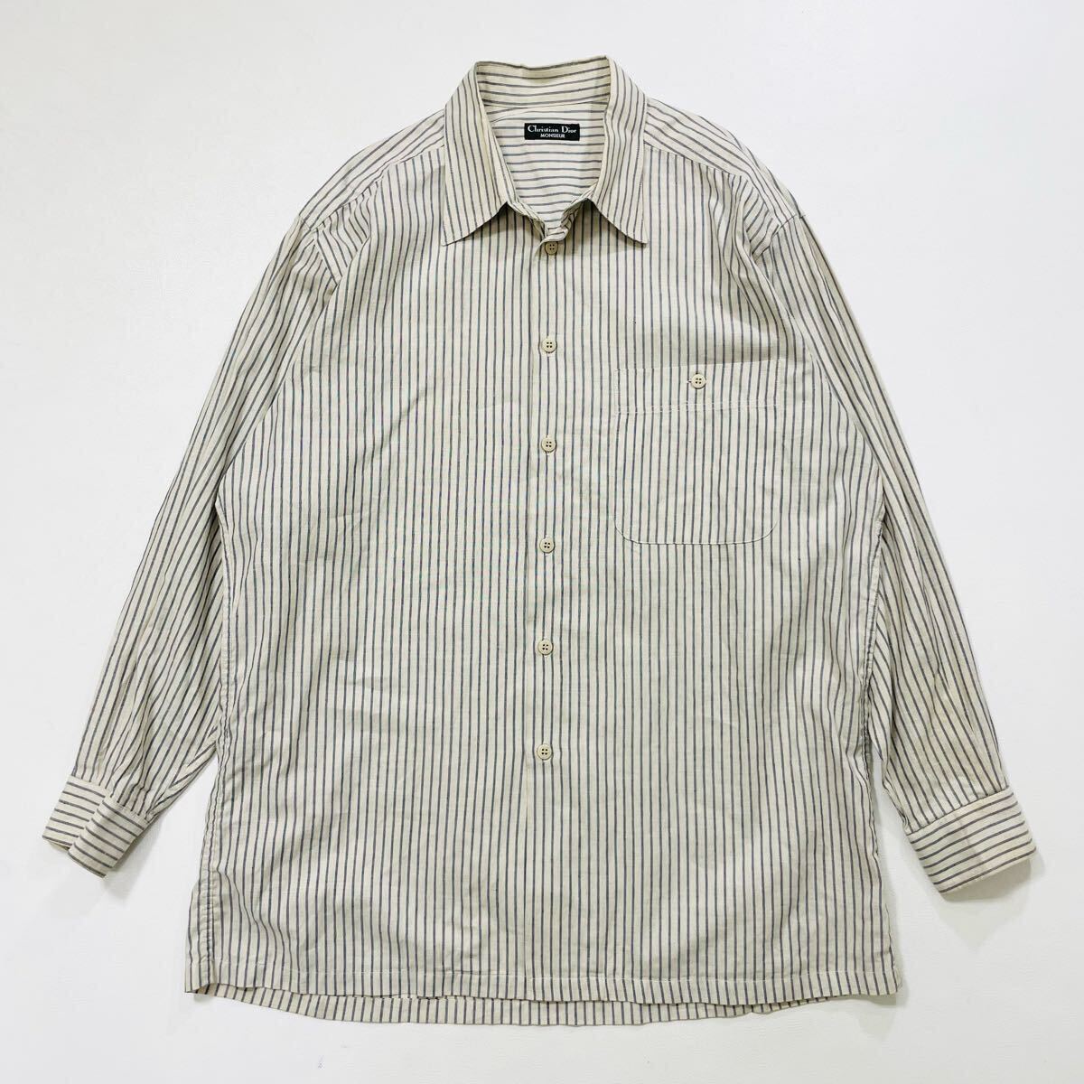 318 Christian Dior MONSIEUR リネン コットン ストライプ 長袖 シャツ L 麻 春夏 クリスチャン ディオール ムッシュ メンズ 50326G拍卖