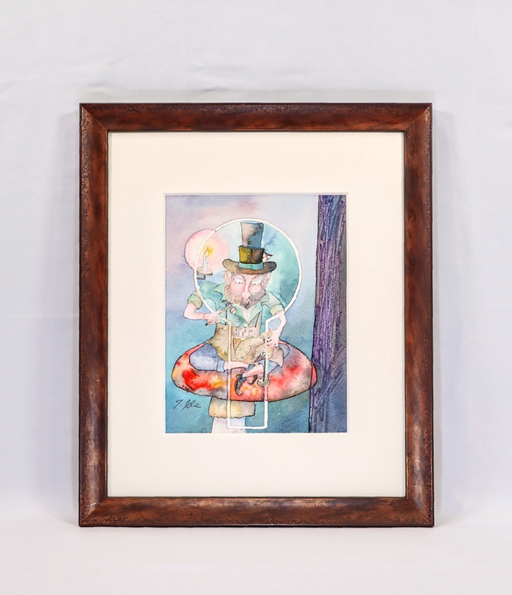 真作 井手孝 個展出品作 水彩「人間」画寸20.5cm×27cm 長崎県出身 永らくNYで活動 鍵穴から覗くとキノコに座り夜通し靴を修理する男 10476拍卖
