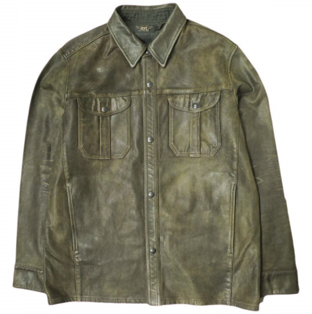 新品 RRL ダブルアールエル 25SS Hand-Distressed Leather Overshirt ハンドディストレストレザーオーバーシャツ M Double RL ジャケット拍卖