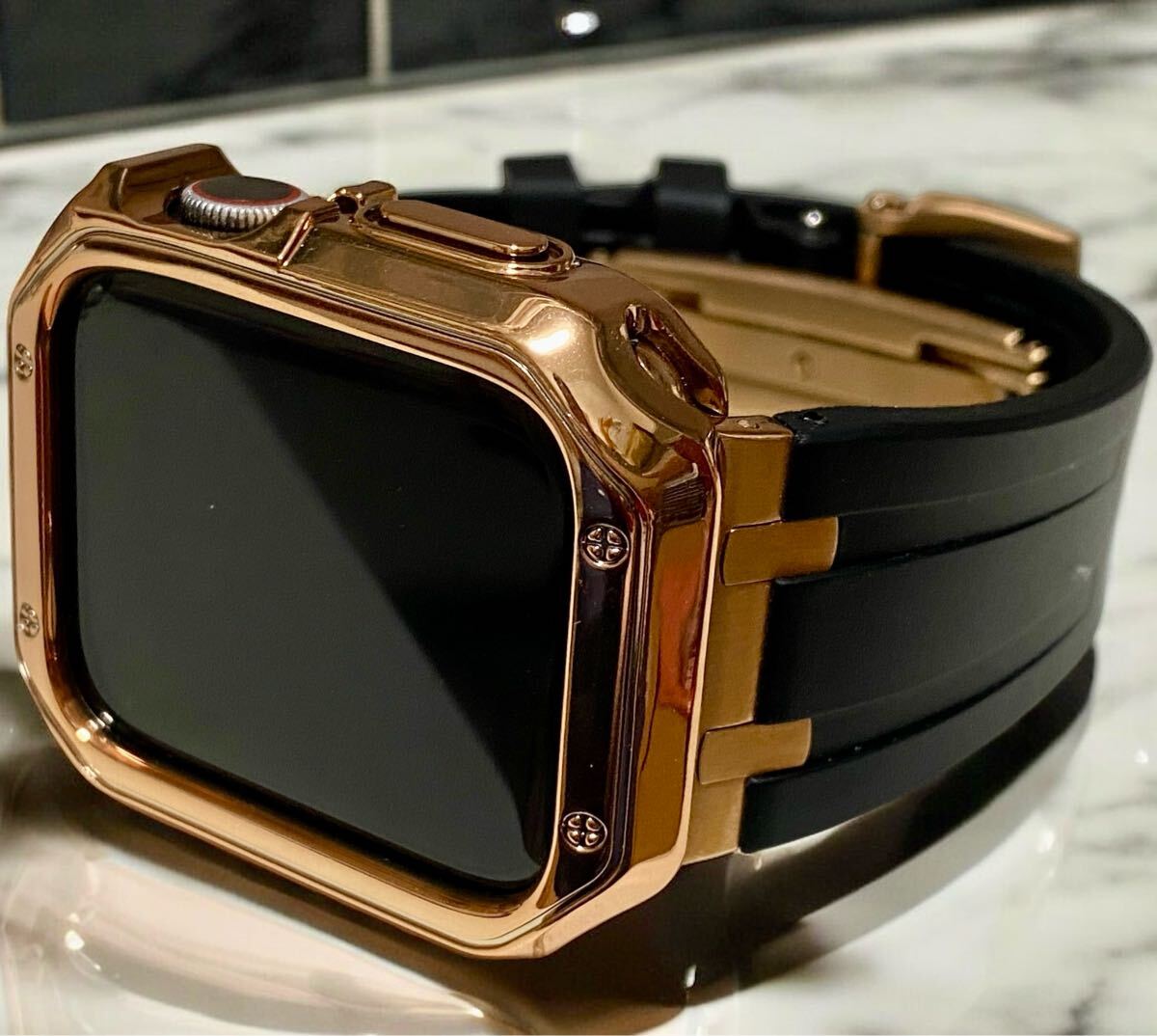 46mm 42mm入荷 Apple Watch用 ラバーバンドベルト アップルウォッチ カバー ケース 強化型バックル ブラックローズゴールド拍卖