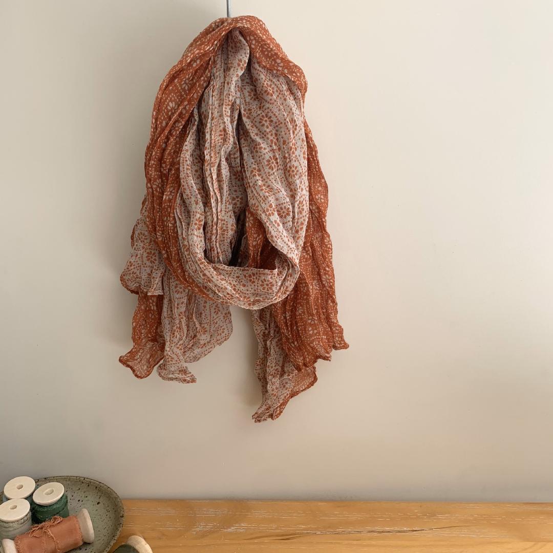 レトロ 小花柄 ワッシャー ストール オレンジ 大判サイズ シワ加工 リネンコットン スカーフ ショール マフラー拍卖