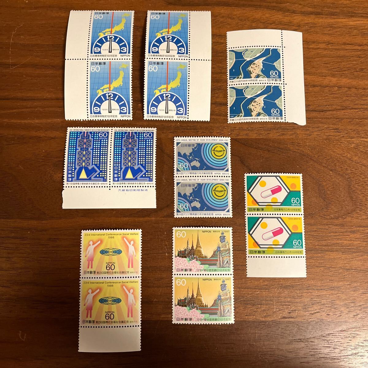 切手 1986年 1987年 7種セット 16枚 額面960円 60円×16枚 昭和61年 昭和62年 日本標準時 木曽三川 アジア開発銀行 日タイ修好 電子顕微鏡拍卖
