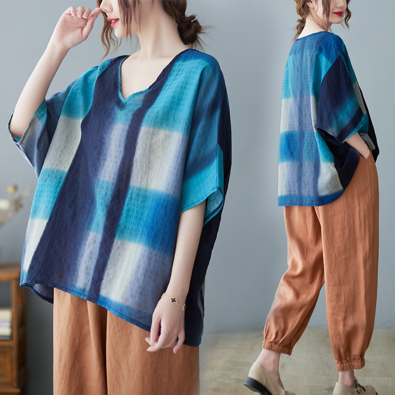 新入荷新品春夏レディースカジュアルプリント柄体型カバーゆったり大きいサイズシャツブラウスブルー拍卖