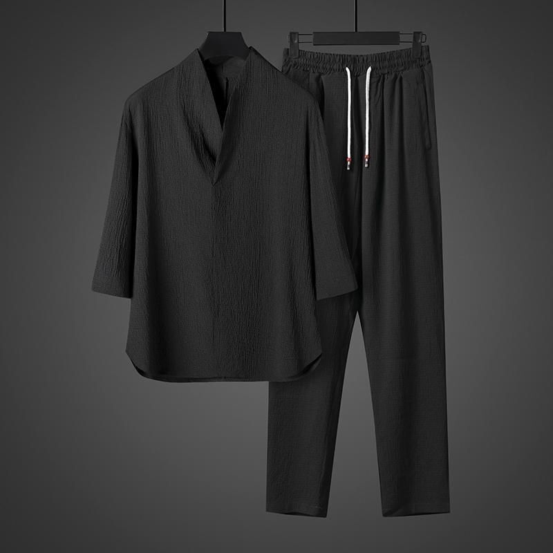新入荷 メンズ上下2点セット セットアップ ロングパンツ綿麻風接触冷感五分袖シャツ チノパン吸汗速乾 ルームウェア部屋着夏ブラック 3XL拍卖