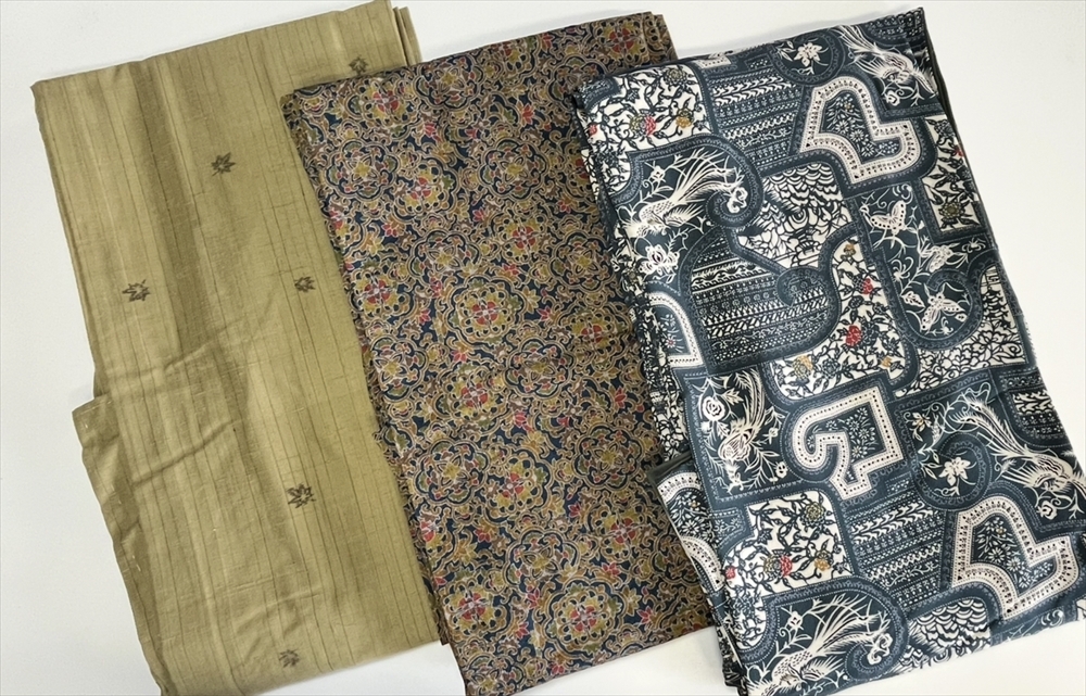 花とら●リサイクル着物 紬 小紋 3枚まとめて 黄土色 抹茶 楓 紺地 陵華文様 濃灰 モダン 250311拍卖