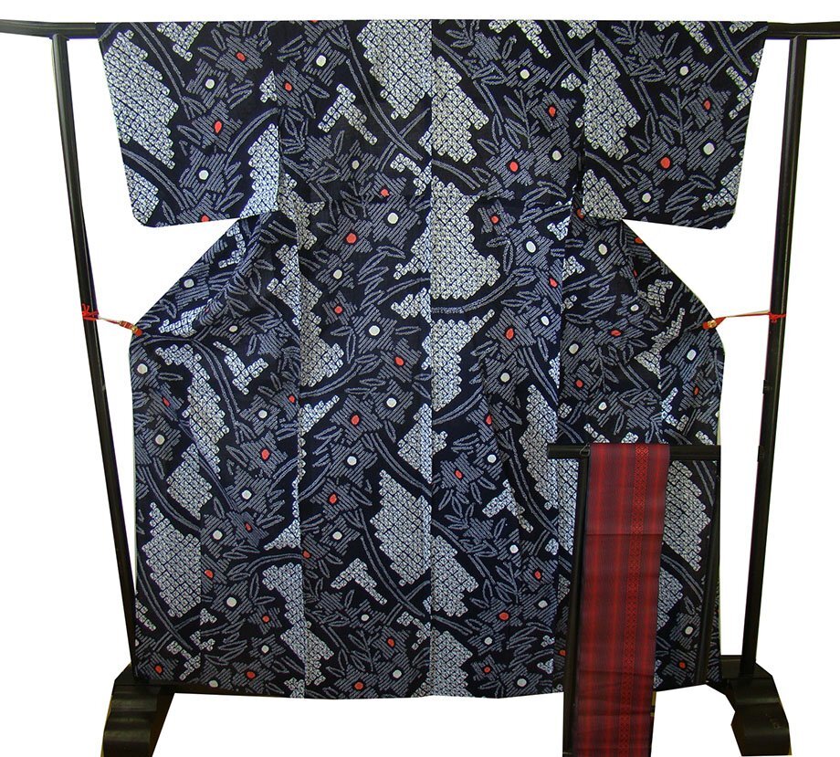 夏物!美品 裄64.4cm お洒落 鳴海総絞り 浴衣・ 四寸帯 セット 150cm~155cm Ys337拍卖