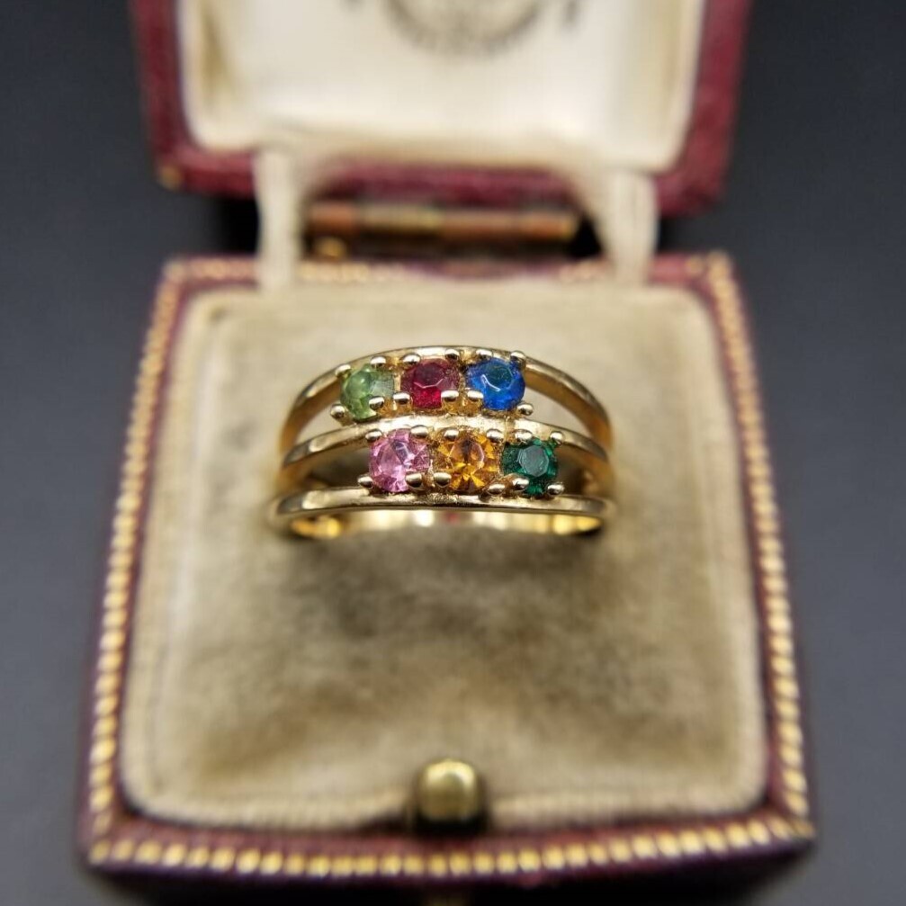 セールスマンサンプル ヴィンテージ バースストーン リング 2段 ゴールドトーン 指輪 レトロ ゴージャス マルチカラー 存在感 Y22-F⑬拍卖