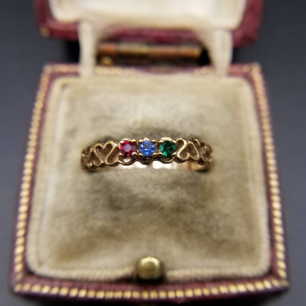 セールスマンサンプル ヴィンテージ バースストーン ハート リング ゴールドトーン 指輪 レトロ キュート トリコカラー 緑 水色 赤 Y22-F⑧拍卖