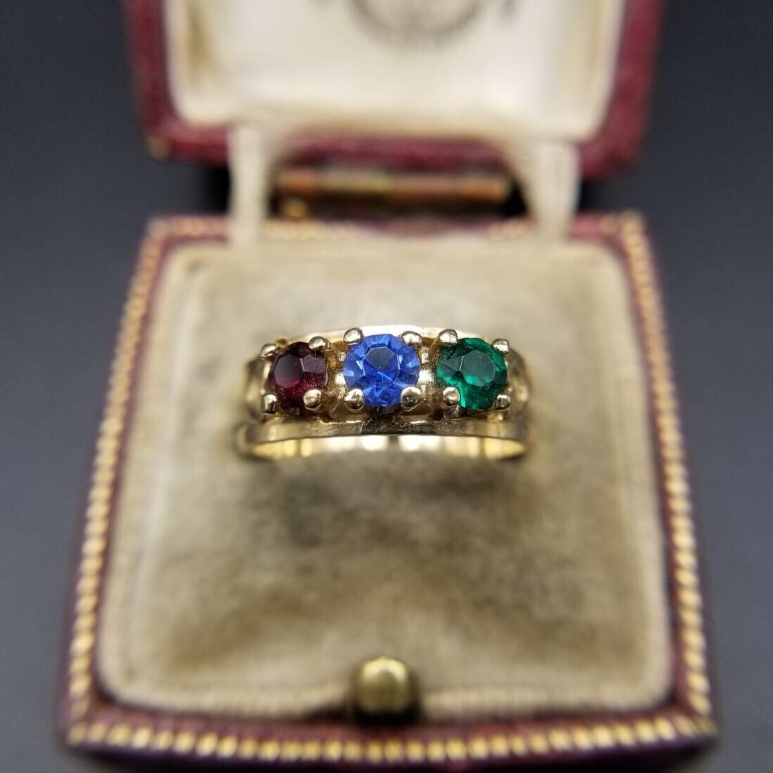 セールスマンサンプル ヴィンテージ バースストーン リング ゴールドトーン 指輪 レトロ キュート トリコカラー 赤 水色 緑 Y22-F④拍卖