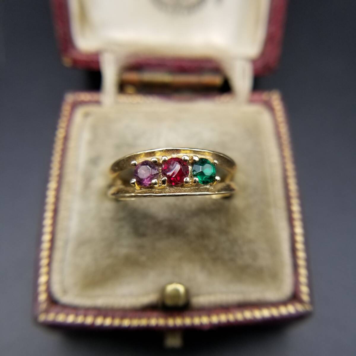 セールスマンサンプル ヴィンテージ バースストーン リング ゴールドトーン 指輪 レトロ キュート トリコカラー ピンク 赤 緑 Y22-F③拍卖