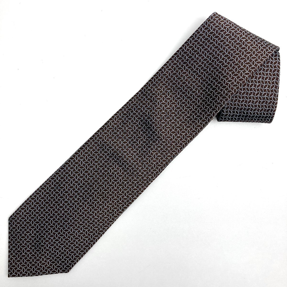 e) OLD ENGLAND オールド イングランド 総柄 ブラウンxシルバー系色 ネクタイ 100%SILK 中古 ブランド 服飾 ※ネコポス/ゆうパケ300円発送拍卖