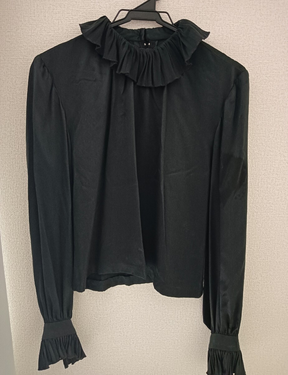 ビンテージ ジャンティーク購入 80s DAVID HAYES ブラックフリルネックブラウス アンティーク 拍卖