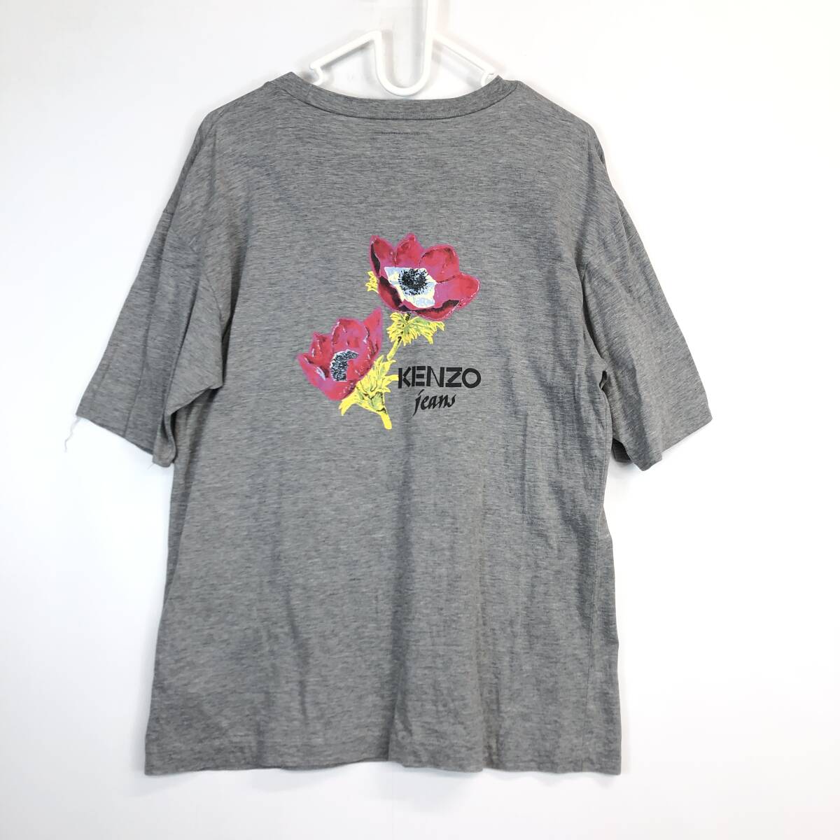 90s 日本製 KENZO JEANS ケンゾージーンズ 北斎タグ 半袖Tシャツ グレー系 フリーサイズ 花プリント KHK-516拍卖