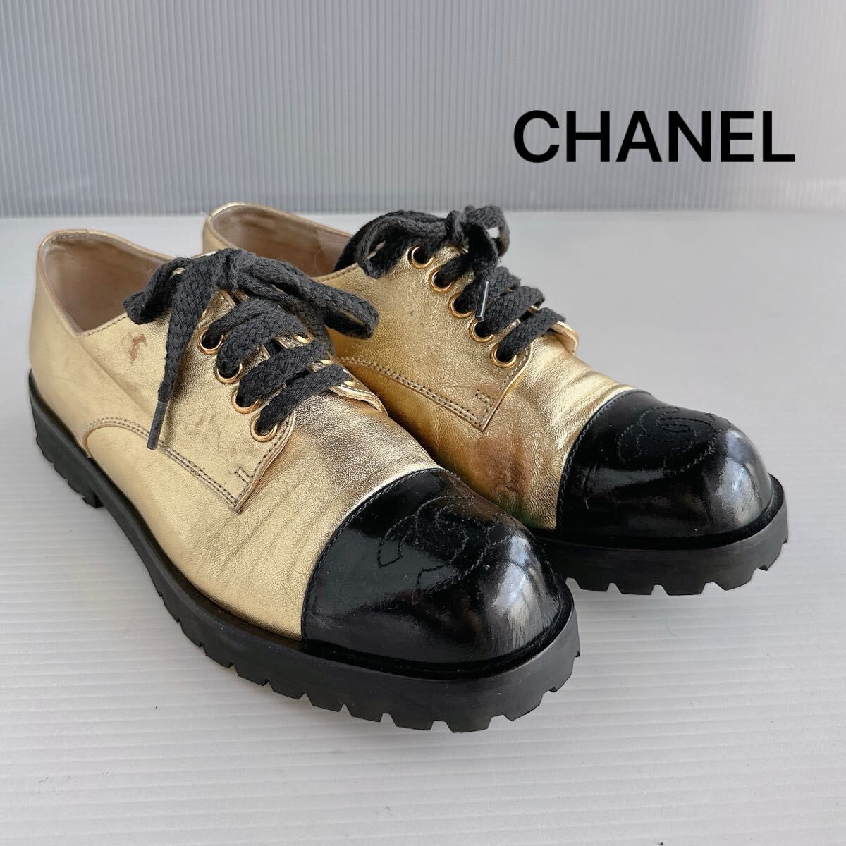 CHANEL シャネル バイカラー ローファー 革靴 ココマーク フラットシューズ レースアップ 正規品 36 靴 レーディス拍卖