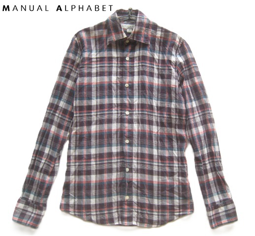 美品日本製!!マニュアルアルファベット MANUAL ALPHABET*チェック柄清涼コットンシャツ 3 実寸L ダークパープル系 拍卖