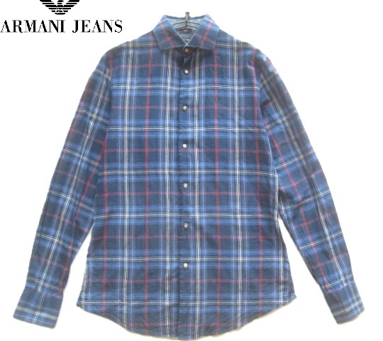 美品チュニジア製!!アルマーニ ジーンズ ARMANI JEANS*ロゴ刺繍 タータンチェック柄リネンコットンシャツ S 紺 ネイビー GIORGIO EMPORIO拍卖