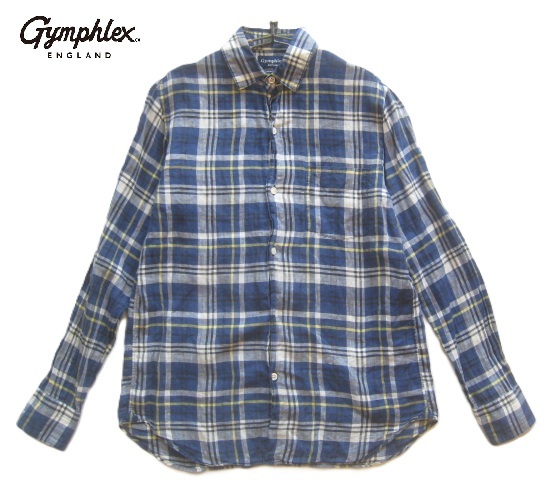 美品!!ジムフレックス Gymphlex*麻100% 胸ポケット付き チェック柄フレンチリネンシャツ M 白×紺×黒×黄拍卖