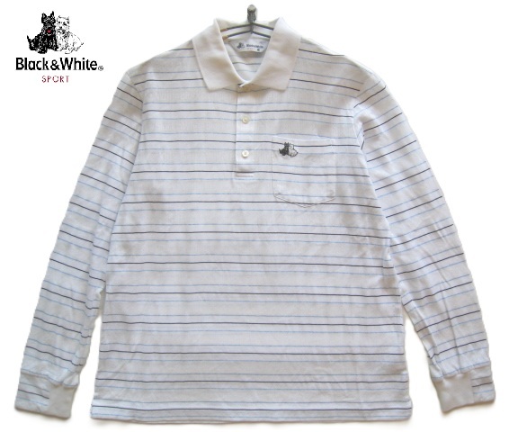 美品日本製!!ブラック&ホワイト Black&White*テリアロゴ刺繍 ロゴ織り柄・ボーダー柄 ポリコットン長袖ポロシャツ M 白 ゴルフ GOLF拍卖