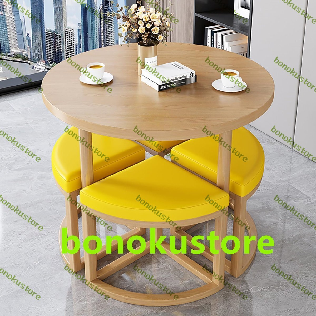 食卓テーブル 4人用 ダイニングテーブル 丸 だいにんくテーブルセット 4人 テーブル 椅子 セット 丸テーブル (Yellow 90CM/35.5in)拍卖
