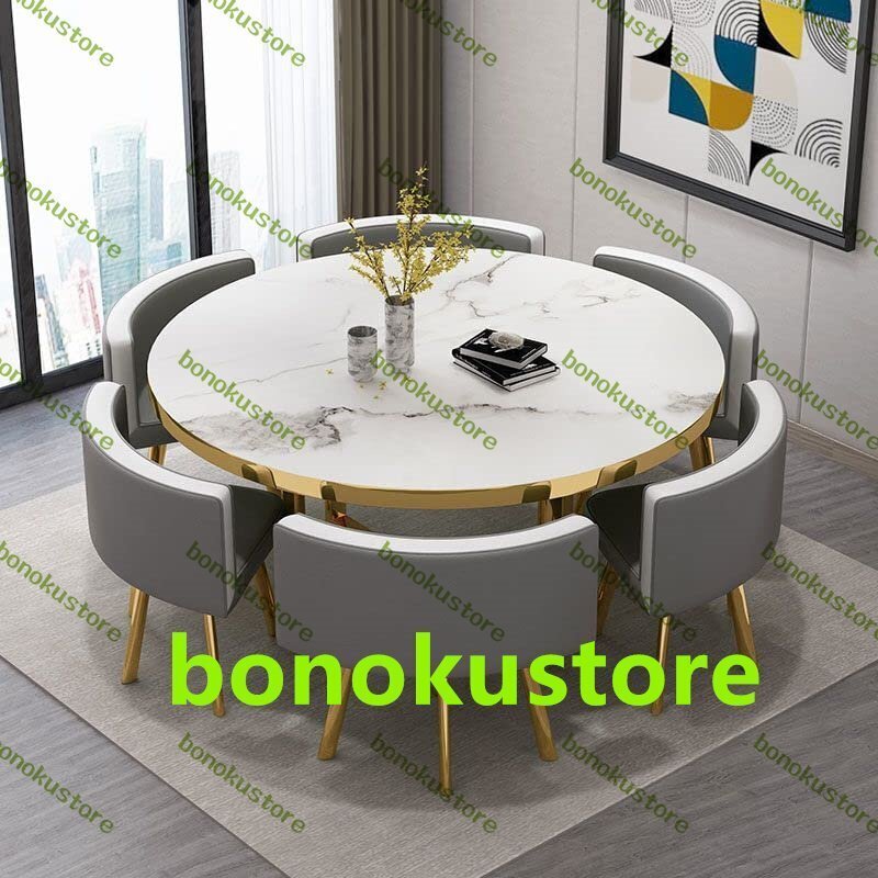 ダイニングテーブルセット6人用 食卓テーブル 丸テーブルセットランキングダイニングテーブルと椅子 グレー&ホワイト金縁+金金具/1.2m拍卖