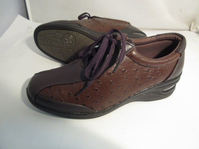 24 レディースウォーキングシューズ カジュアル靴 721Aエアー入DBR色 型押しオーストリッチ風柄 高さ約5cm 着脱簡単!サイドファスナー付 拍卖