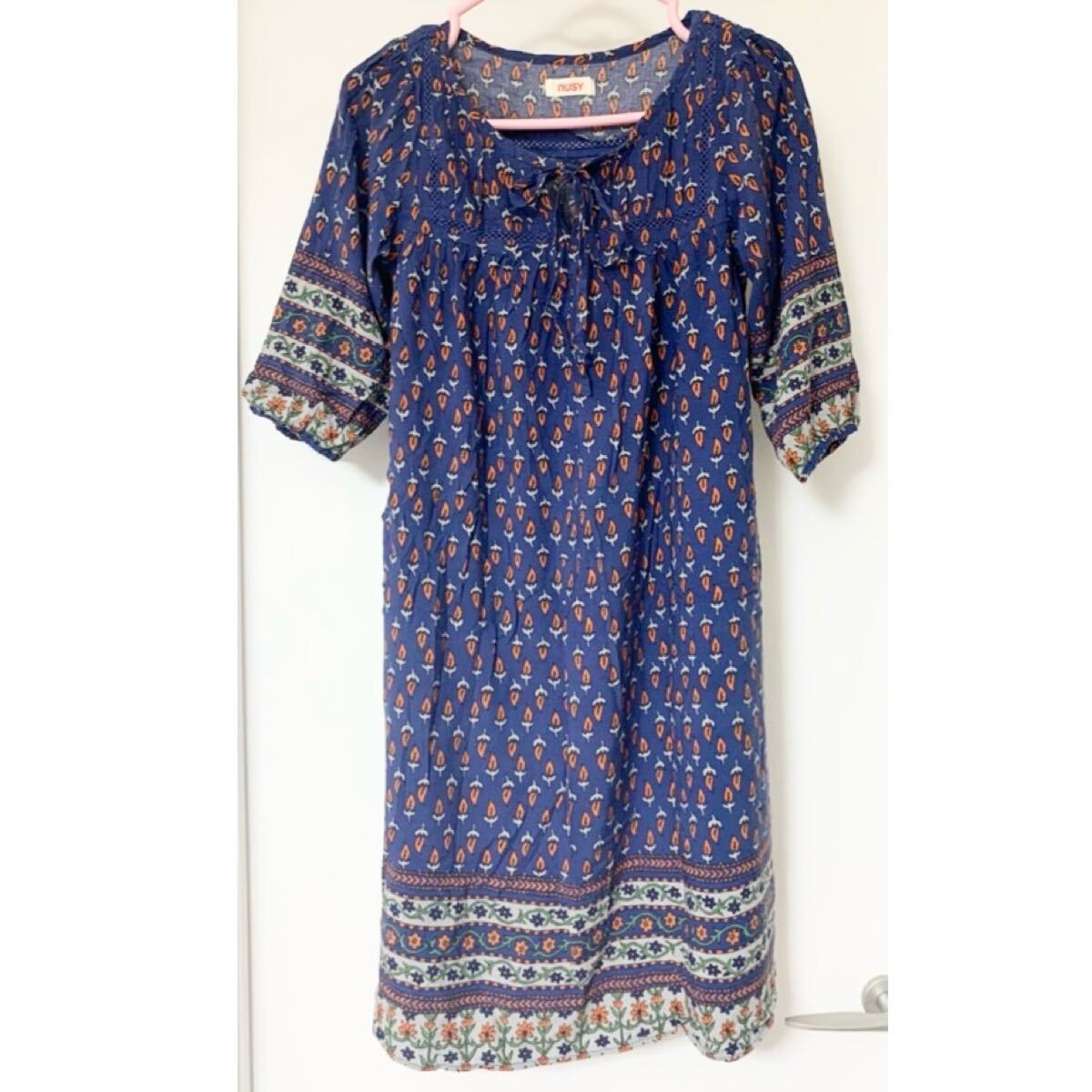 エスニック半袖ワンピースチュニック オーバーサイズ ロイヤルブルー オレンジ 青 チュニックワンピース トップス 薄手 フォークロア拍卖