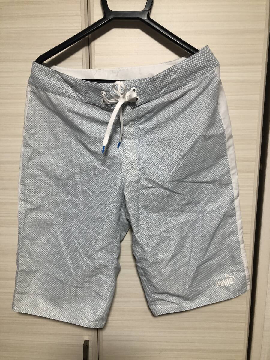 PUMA プーマ テニスウェア パンツ ボトムス スイムウェア 白×水色 Mサイズ(used) ~テニス、ランニング、水着、スポーツ、カジュアル~拍卖