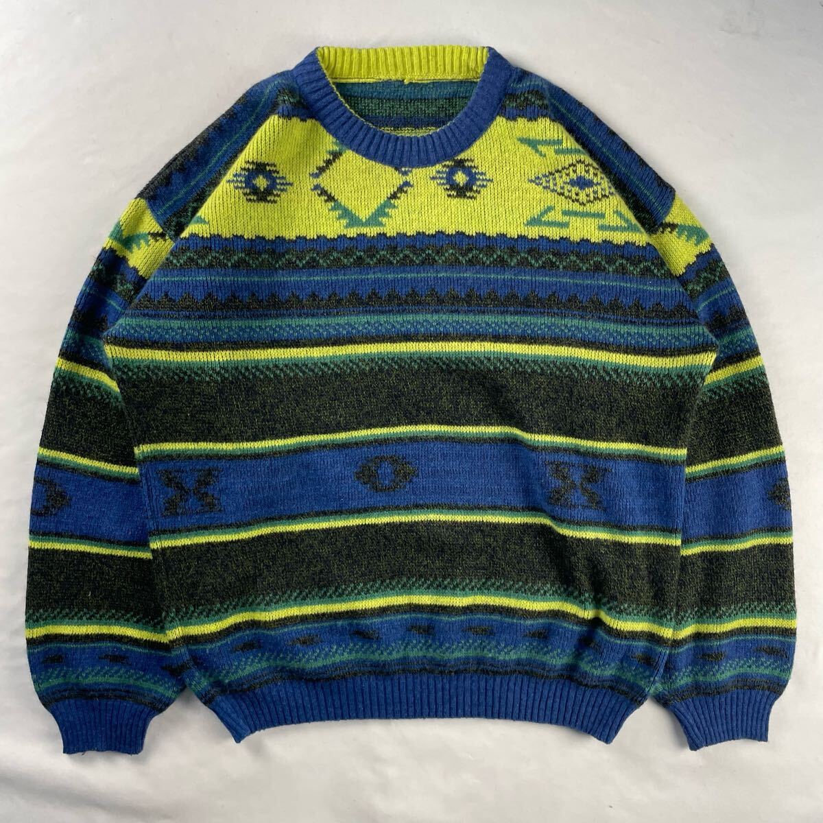 Euro Vintage 80-90s Unknown 好配色 ビビッドカラー ネイティブ オルテガ エスニック 民族 幾何学模様 メランジ ボーダー 総柄ニット拍卖