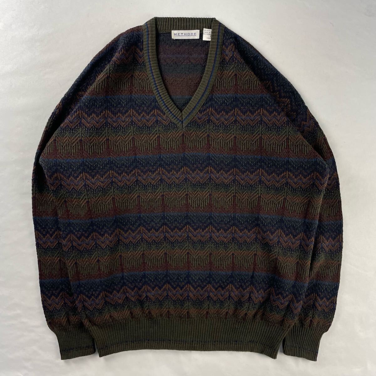 Euro Vintage イタリア製 90s METHODE 好配色 くすみカラー Vネック 幾何学模様 アート エスニック 民族 ボーダー 薄手 総柄ニット拍卖