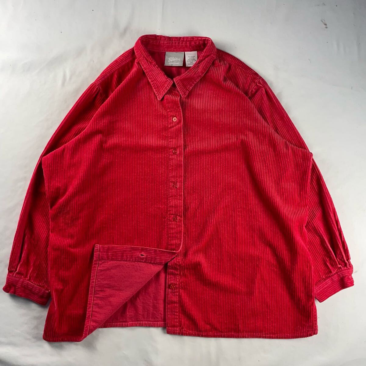 US Vintage 90s Blair コットン100% 立体 3D 光沢 太畝 レッド ルビー 赤 オーバーサイズ コーデュロイシャツ シャツジャケット 拍卖