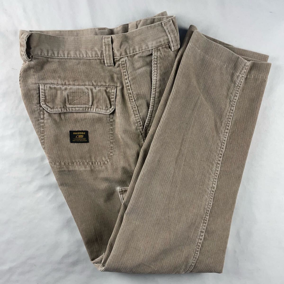 Euro Vintage 80-90s BIG STAR くすみカラー 立体 3D ロゴパッチ サンドカラー ベージュ カーキ 細畝 コーデュロイ ワーク カーゴパンツ拍卖